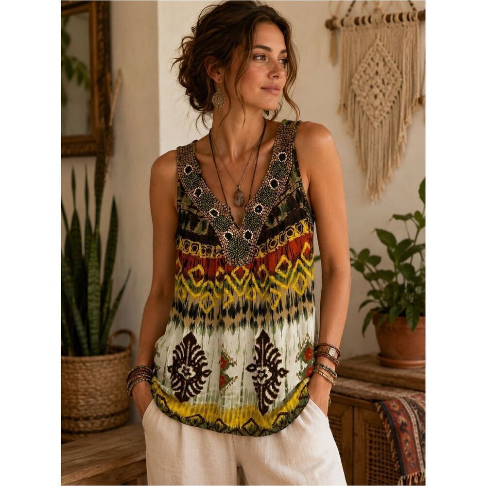 Dressbarn Brown Yellow Earth Tones Beaded Boho Tank Top Sz S Boho Fairy Tropical